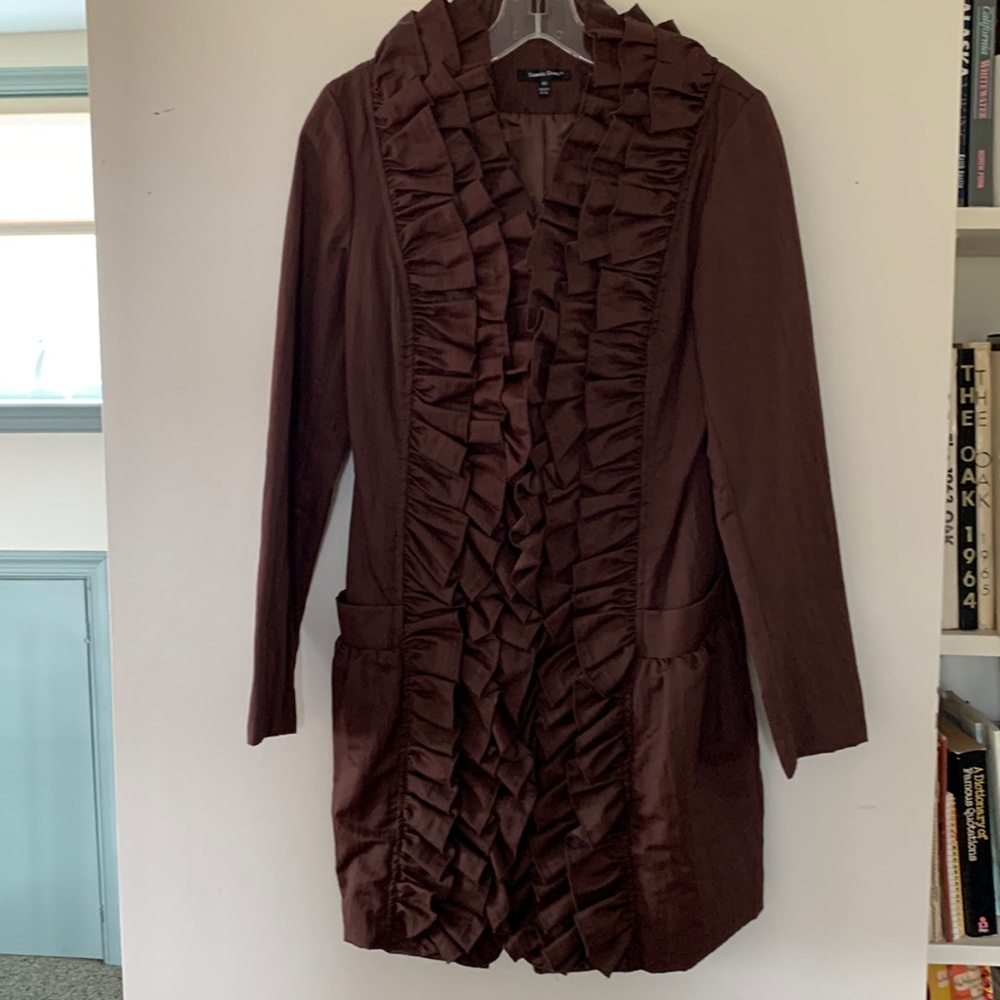 Samuel Dong long jacket in rich chestnut color